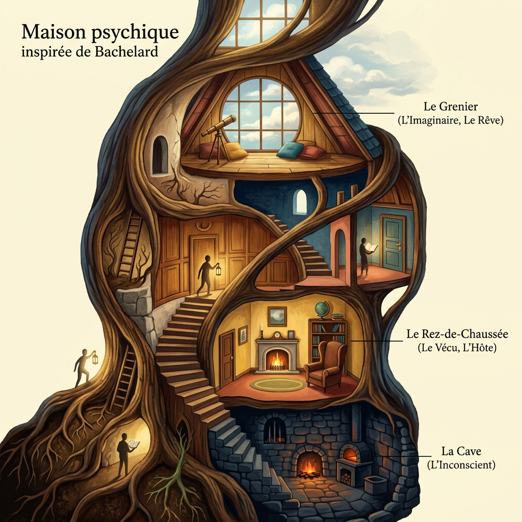 Cross-section of a symbolic house with labeled attic, ground floor, and basement representing psychic concepts