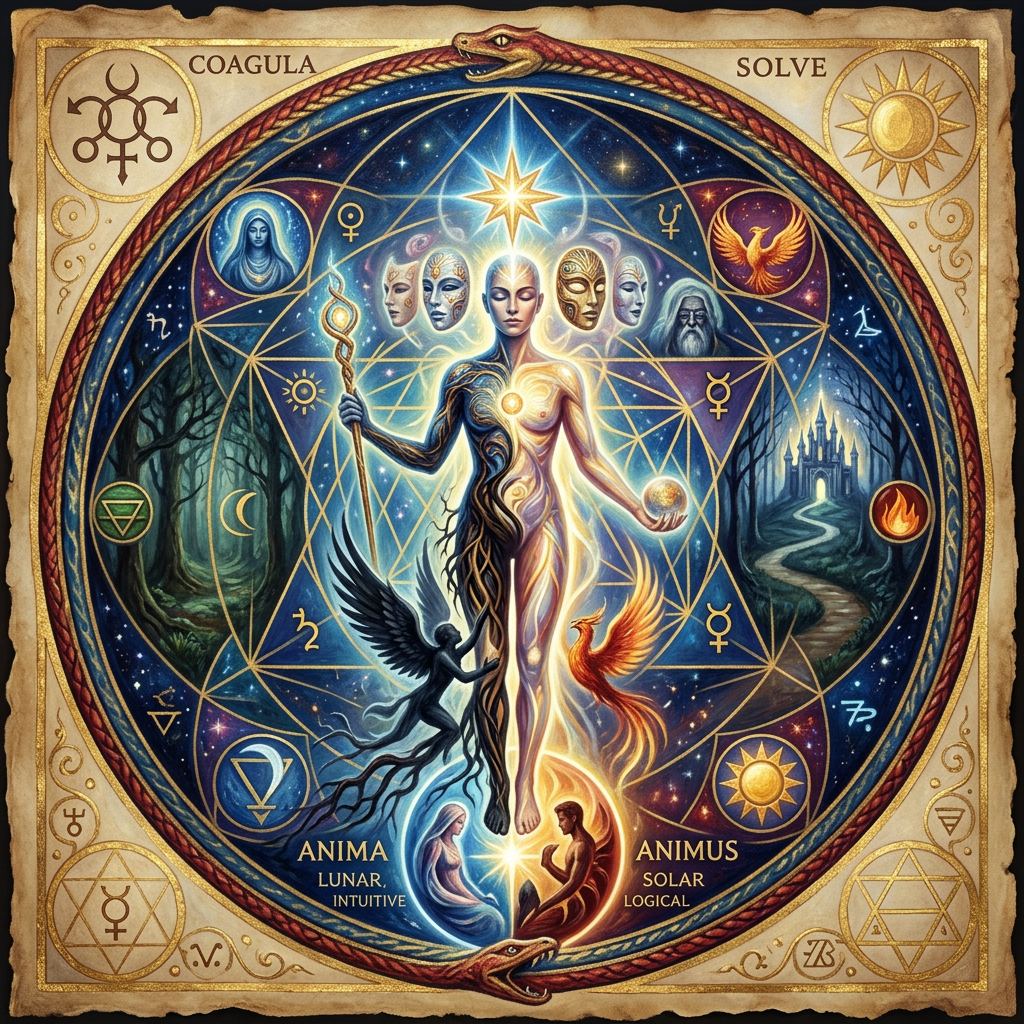 Mystical diagram labeled COAGULA SOLVE, ANIMA LUNAR INTUITIVE, and ANIMUS SOLAR LOGICAL