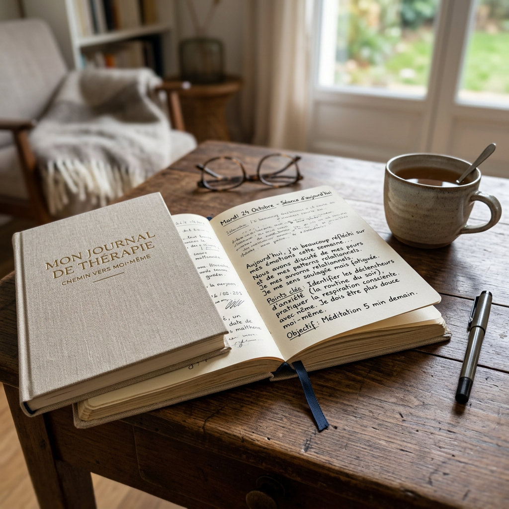 French therapy journal titled “Mon journal de thérapie – Chemin vers moi-même” open beside handwritten notes, glasses, tea, and pen