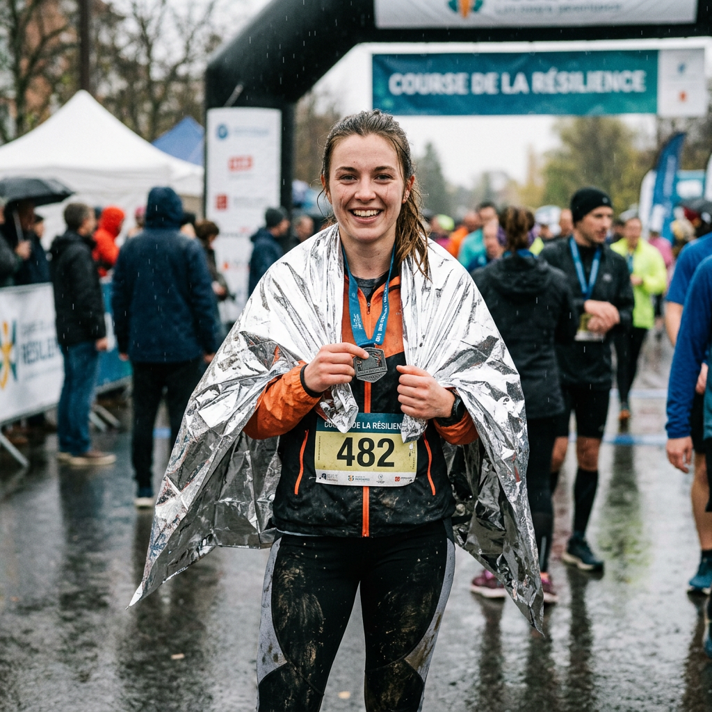 Smiling runner holding medal, wearing bib 482 beneath “COURSE DE LA RÉSILIENCE” banner